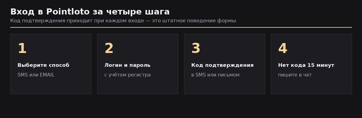 Вход в Pointloto за четыре шага: выбор способа, логин и пароль, код подтверждения, обращение в чат